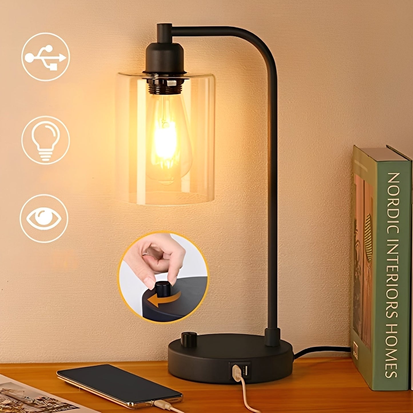 Carmina – Tischlampe mit USB-Ports & Stufenloser Helligkeitseinstellung