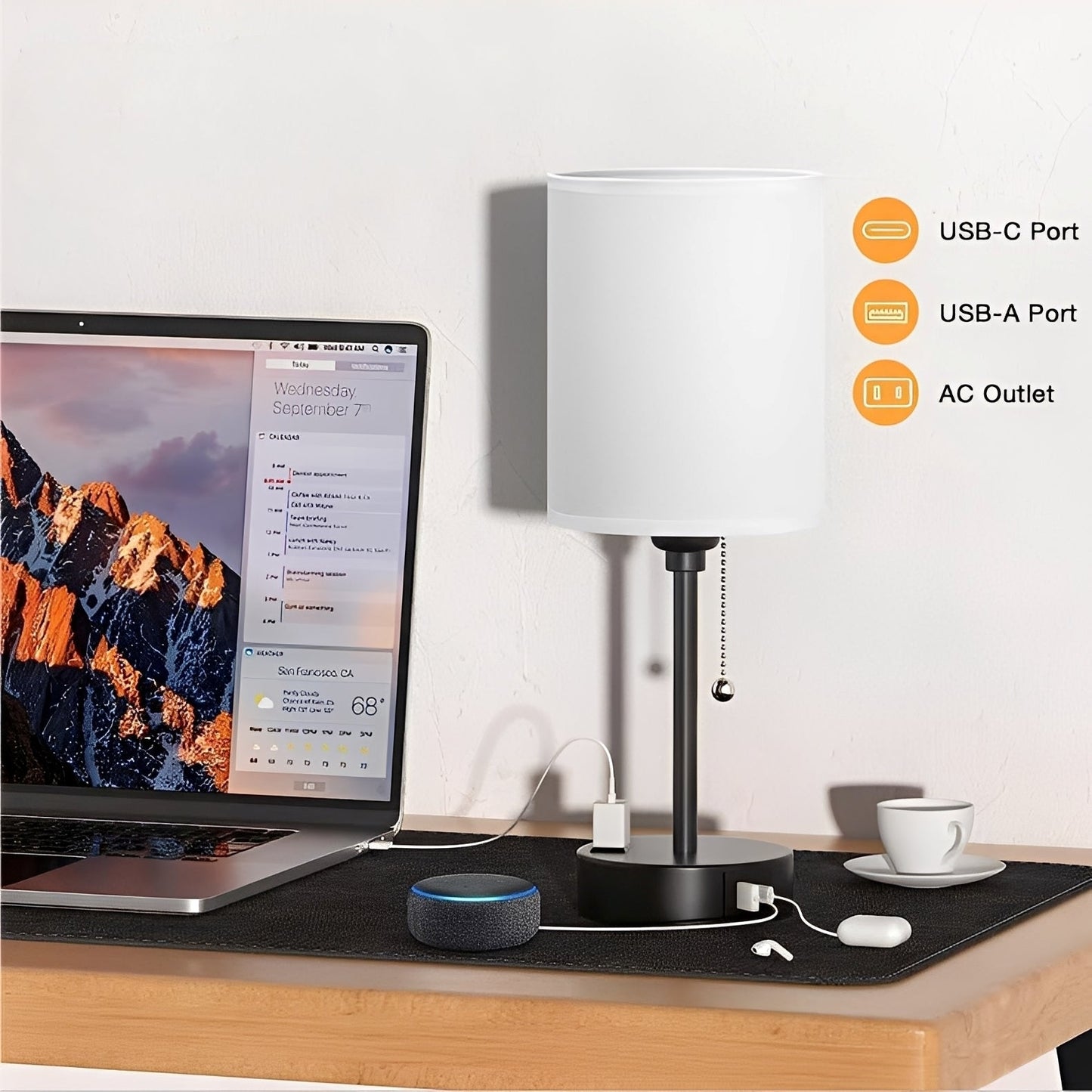 Taye – Stoff Tischlampe mit USB-Port