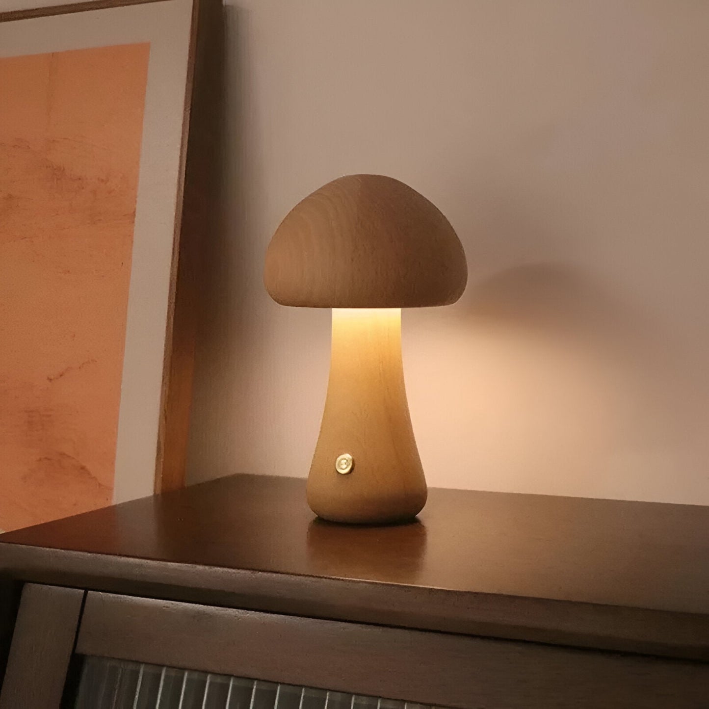 Lampe Mit Berührungsschalter Aus Holz Im Pilz-Stil