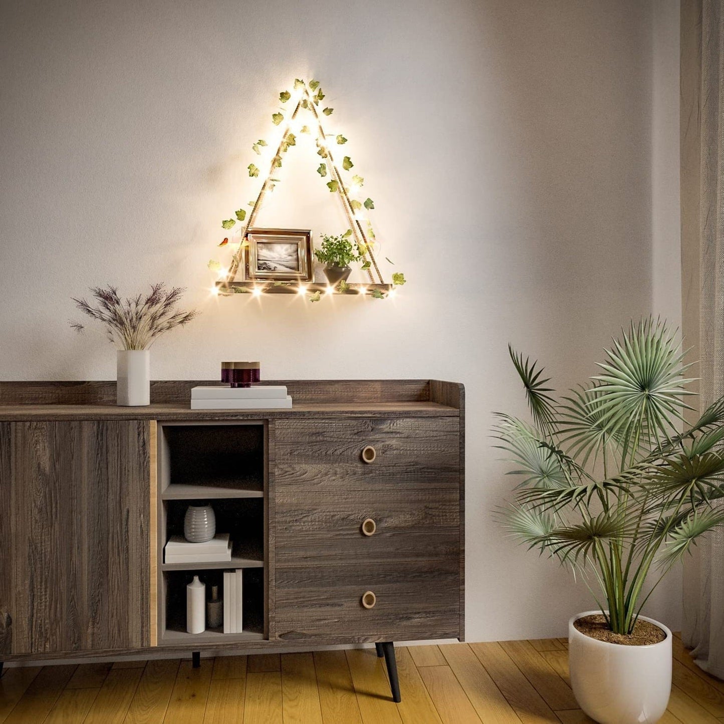Tinker – Wandregal mit Lichtergirlande: Natur trifft warmes Leuchten