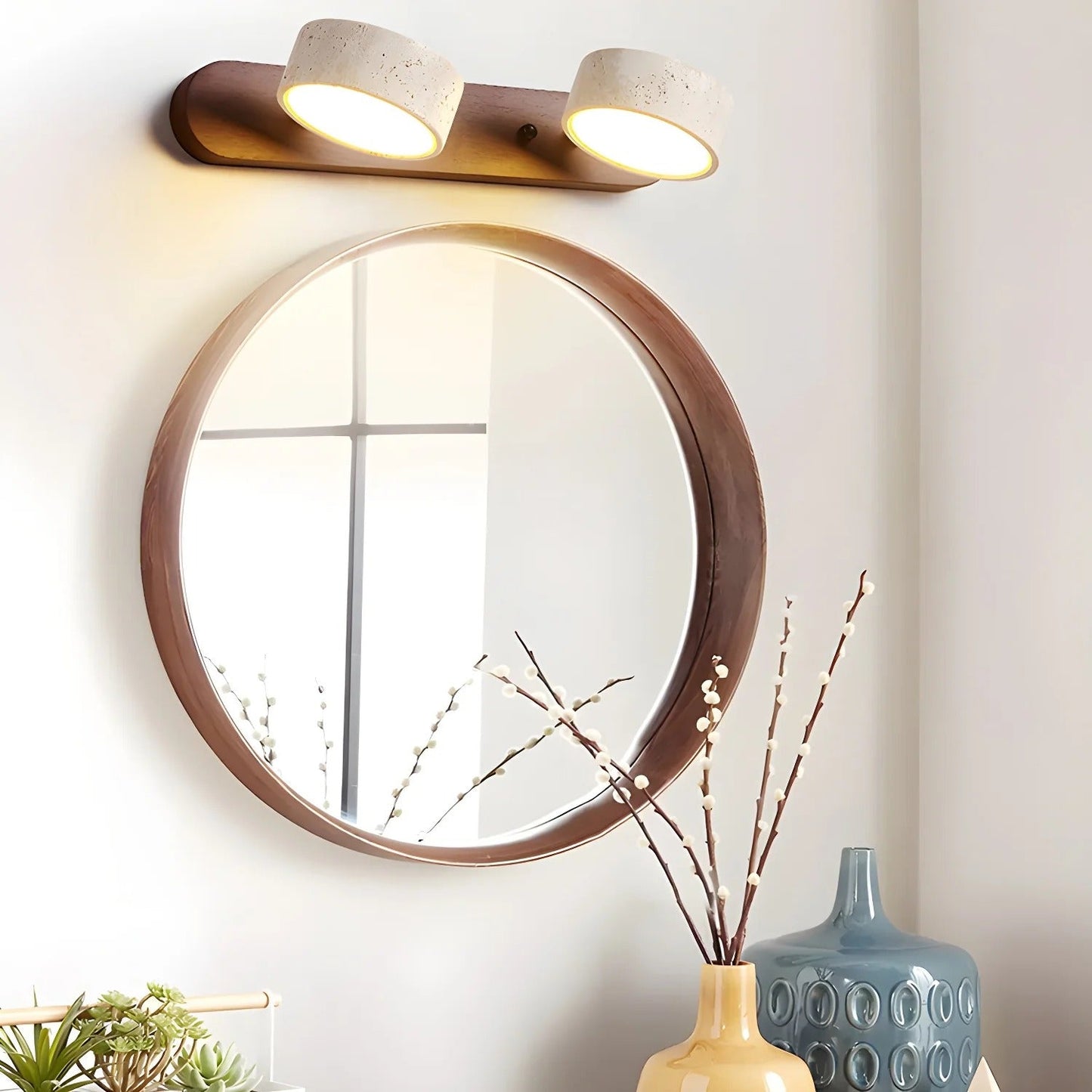 Naomi – LED-Spiegellampe aus Holz & Stein