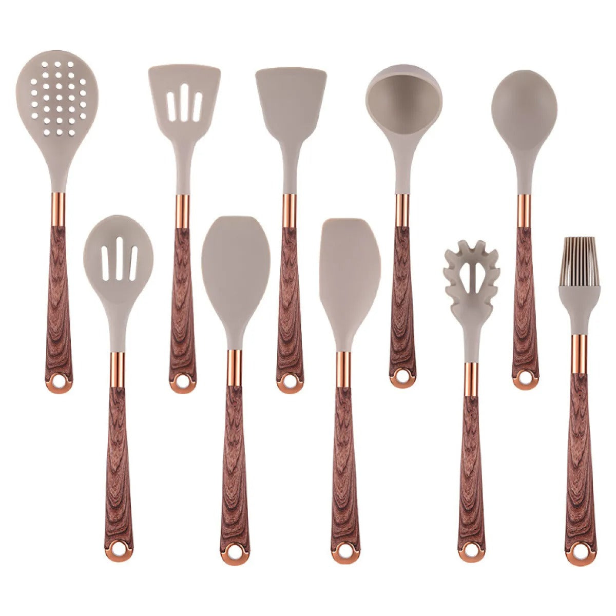 Liora – Silikon-Küchenutensilien-Set mit Holzgriffen und Halter