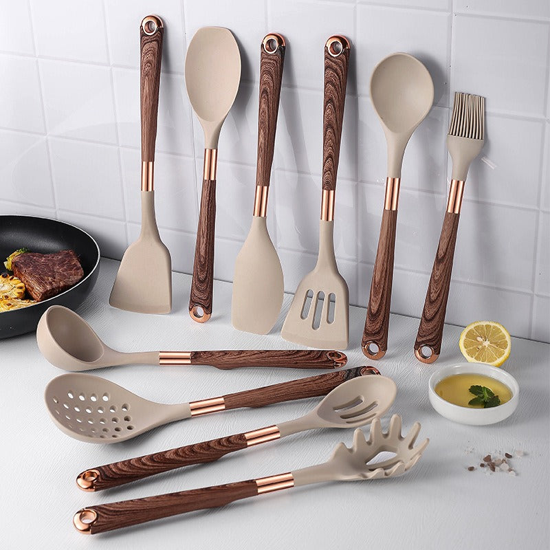 Liora – Silikon-Küchenutensilien-Set mit Holzgriffen und Halter