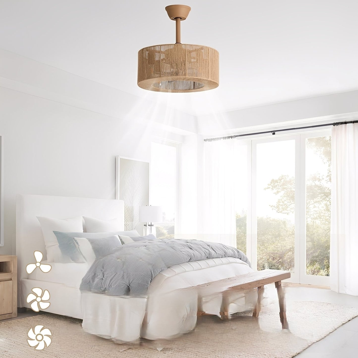 Reina – Retro-Deckenventilator mit Rattan-Lampe