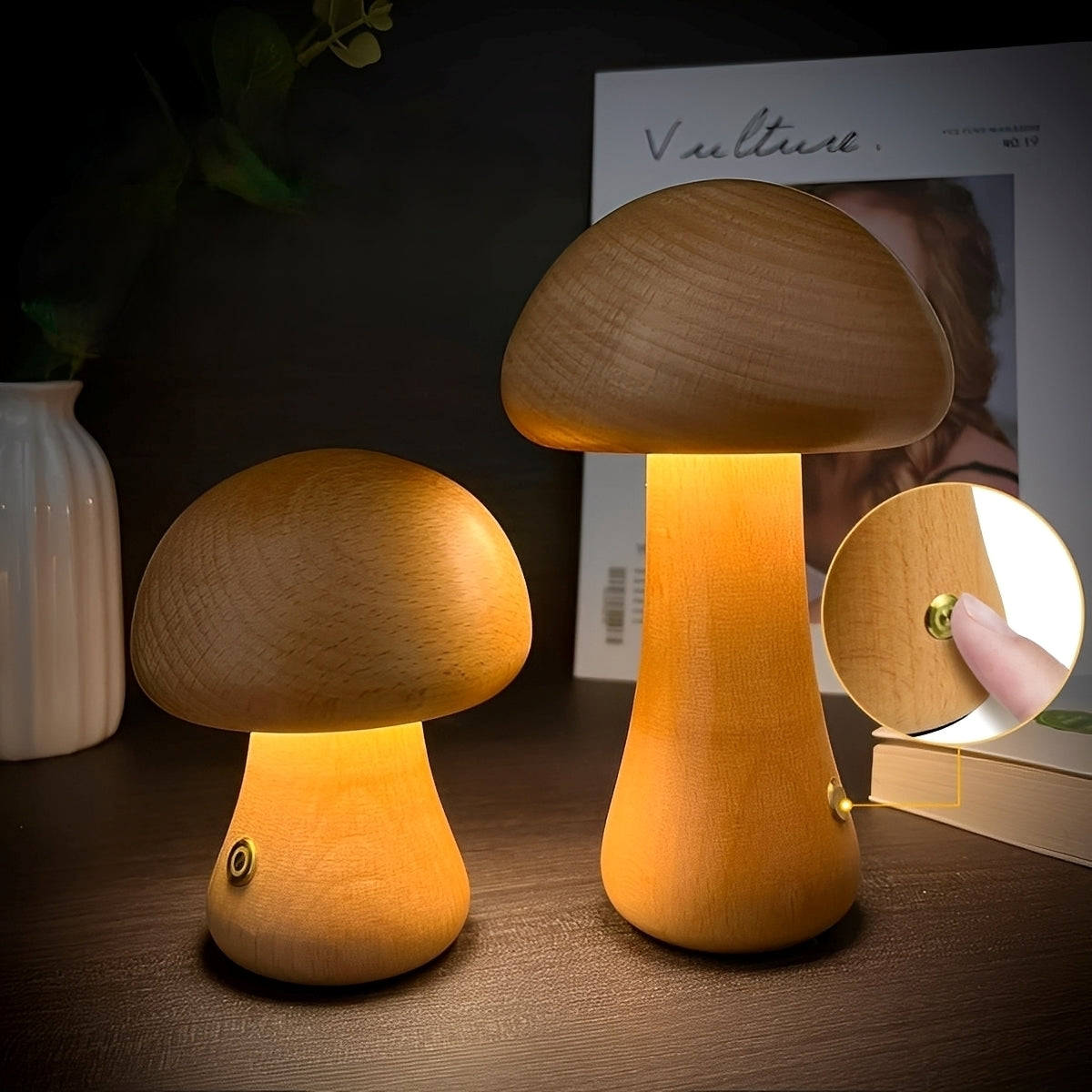 Grace – LED-Bettlampe in Pilzform aus Holz