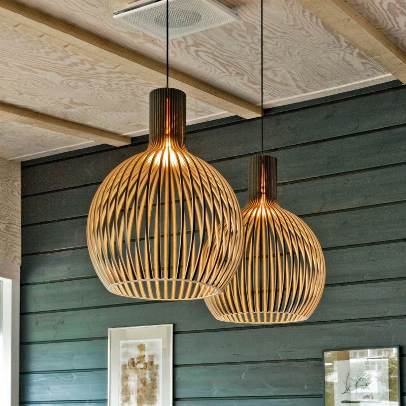 Retro Vogelkäfig Pendelleuchte aus Holz