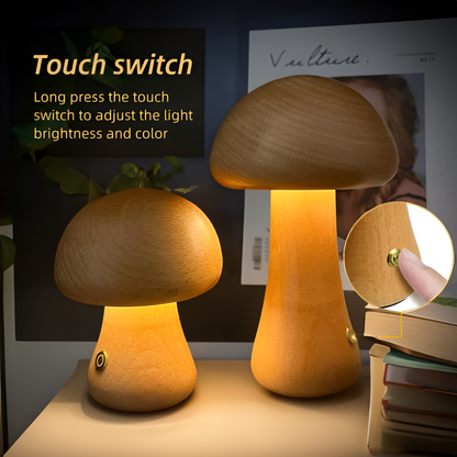 Lampe Mit Berührungsschalter Aus Holz Im Pilz-Stil