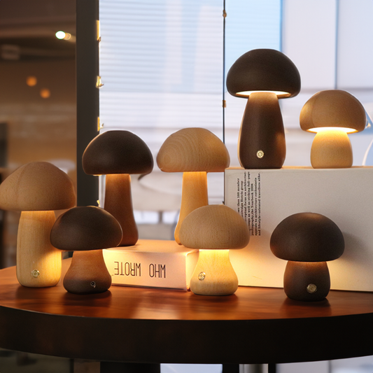 Lampe Mit Berührungsschalter Aus Holz Im Pilz-Stil