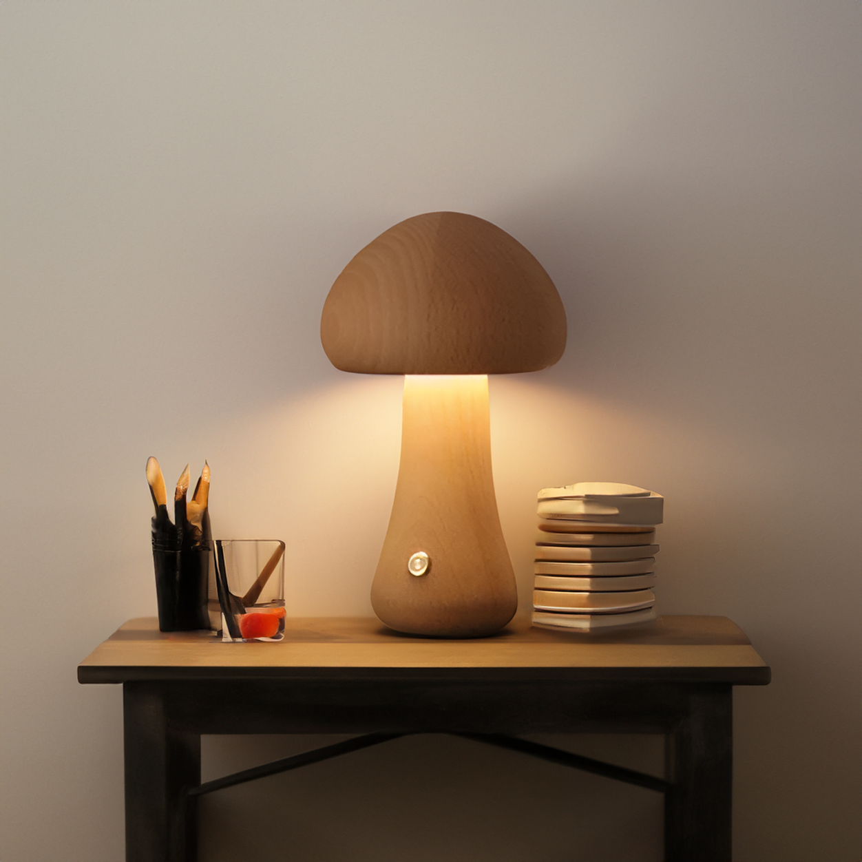 Lampe Mit Berührungsschalter Aus Holz Im Pilz-Stil
