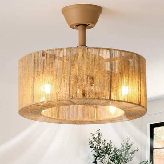 Reina – Retro-Deckenventilator mit Rattan-Lampe